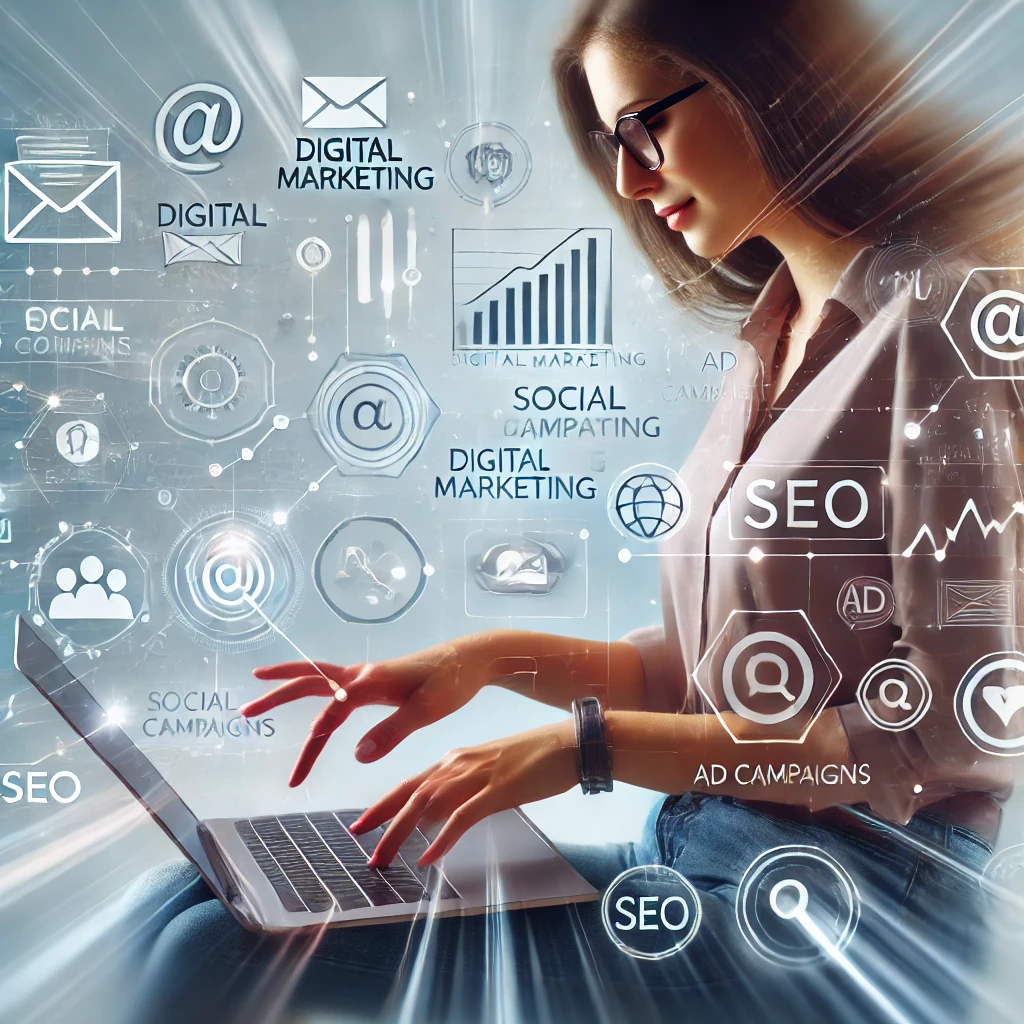 A graphic depicting a digital marketer operating a laptop in conjunction with a virtual screen. Digital Marketing, Albury Wodonga by Red Dust Snow, Simon Bayliss