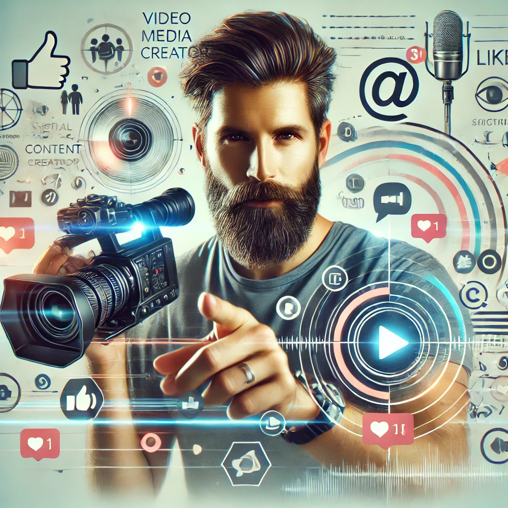 A graphic depicting a professional, male, content creator looking at the camera with a video camera in his hand with icons and symbols regarding various content types swirl around his head.  Content Creation Albury Wodonga - Red Dust Snow