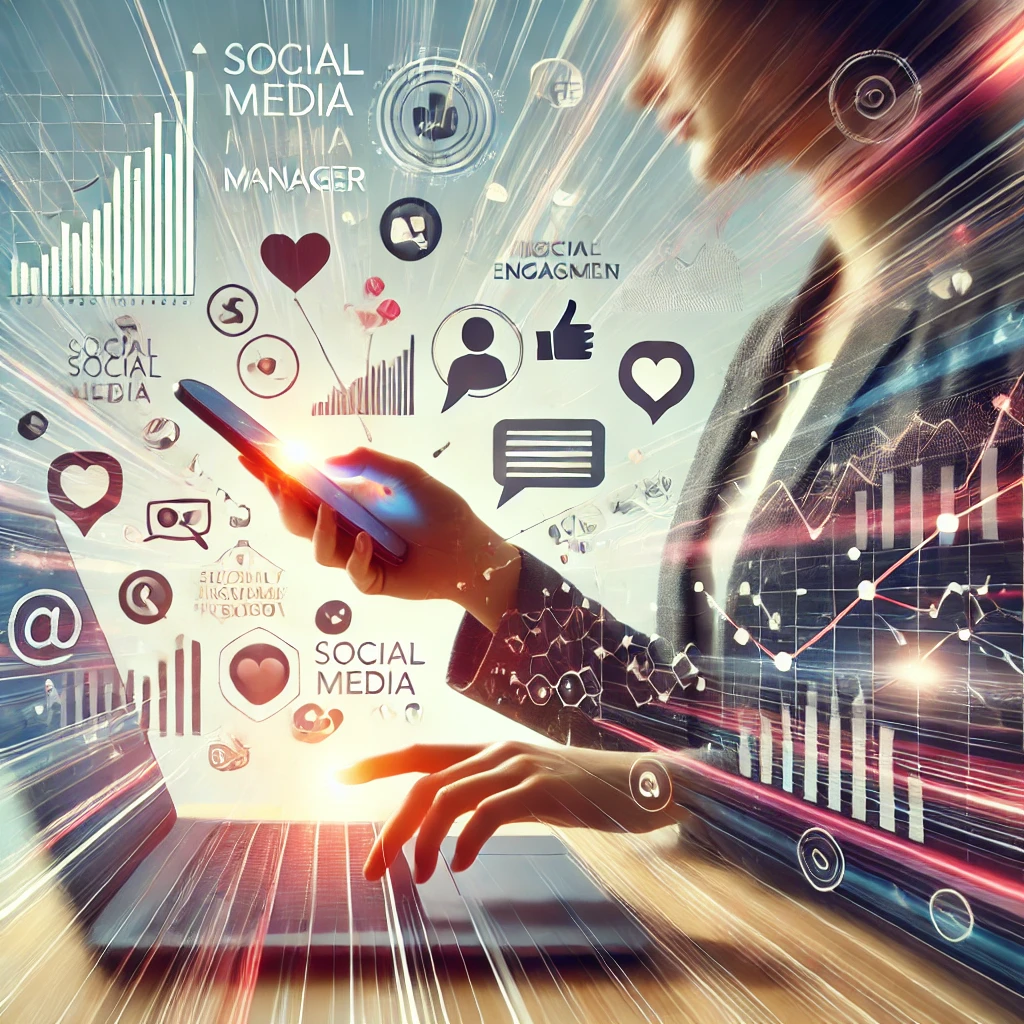 A graphic depicting a woman working on a computer, with a phone in her hand and graphics and icons buzzing past. Red Dust Snow, Albury,